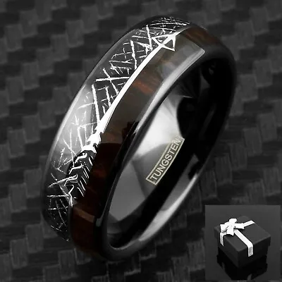 8mm Black Tungsten Meteorite & Koa Wood With Arrow Men's Wedding Band Ring • $14.99