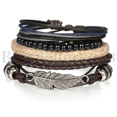 4pcs Leather Bracelets For Men Women Wooden Beaded Bangle Braided Cuff Wristband • $8.99