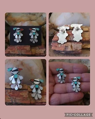 VINTAGE Zuni STERLING SILVER Multi-Stone Inlay THUNDERBIRD EARRINGS • $44