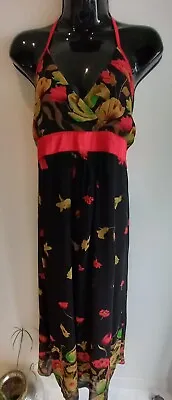 Vintage Cotton Club Black Red Halter Neck Floral Long Lined Maxi Dress 12/14 • £8.99