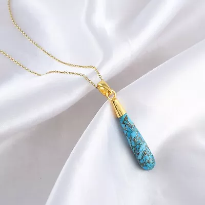 7x30MM Copper Turquoise Beauty Pendant 18k Gold Plated Silver Handmade Necklace • $32.94