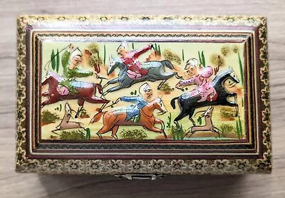 Vintage Persian Mosaic Inlaid Trinket Jewelry Box Hunting Scene Lined • $35