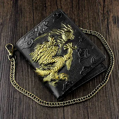 Mens 3D Dragon Vintage Luxury Leather Wallet ID Card Holder Purse W/ Chain • $20