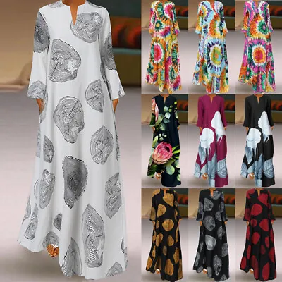 UK Womens Winter 3/4 Sleeve V Neck Floral Printed Long Dress Kaftan Maxi Dresses • £17.14