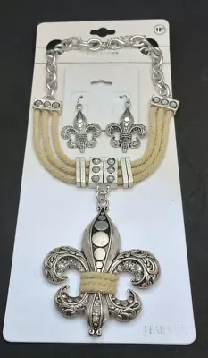 Costume Jewelry Metal & Crystal Fleur De Lis Necklace And Earrings • $12