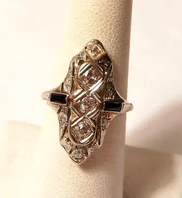 Art Deco .55ctw Mine Cut Diamond&Lab Created Sapphire 18K White Gold Ring  7.5 • $599