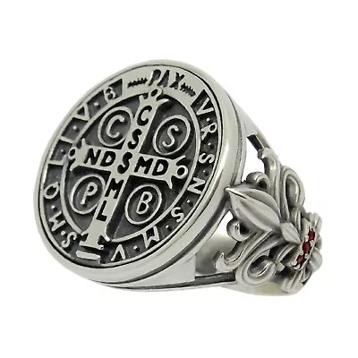 Saint Benedict Medal Silver 925 Men's Women's Ring Fleur De Lis • $116.48