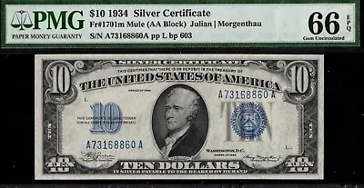 1934 (mule) $10 Silver A73168860a P.m.g #66epq • $425