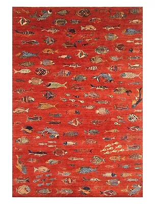 6 X 9 Ft Red Fish Gabbeh Afghan Hand Knotted Wool Tribal Area Rug • $3247.50