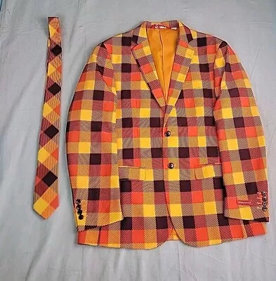 Shinesty Blazer Mens 42 R Orange Yellow Brown Check Pockets Sports Coat Tie Bold • $47