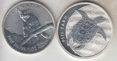 Canada  2012 Cougar 5 Dollars .9999 & Fiji Turtle 2 Dollars 1 Ounce Rounds Bu • $79.99