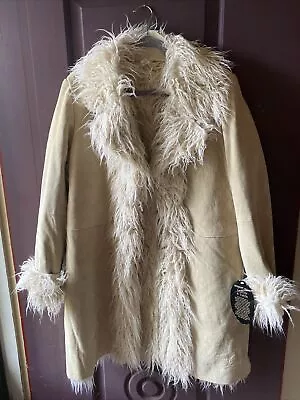 Vintage Newport News Suede Coat Size 1x Faux Fur  Stitched Leather Designer Boho • $80