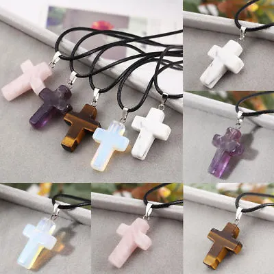 $7.50 • Buy Natural Quartz Charm Crystal Stone Chakra Cross Pendant+Necklace +Gift Pouch