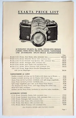 Exakta Price List | Ihagee US Meyer Trioplan Angenieux IIa Exa Exakta 66 Zeiss • $12