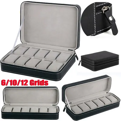 6/10/12 Grids PU Leather Watch Box Display Case Zipper Collection Storage Holder • £15.72
