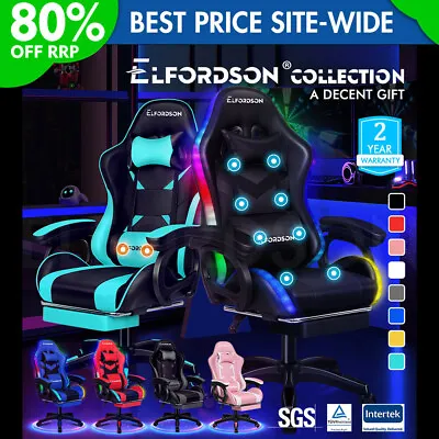 ELFORDSON Gaming Office Chair Massage Racing 12 RGB LED Computer Work Seat • £119.99