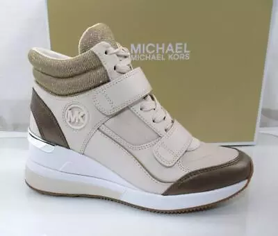 Michael Kors Gentry High Top Wedge Trainer Sneakers MK Logo Camel Multi Size 9 • $239.99