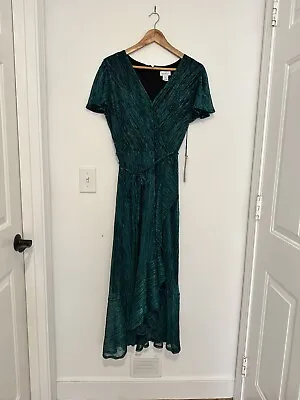 Nicole Miller Faux Wrap Sparkle Green S/s Dress Sz 10 Wedding Party Maxi • $49