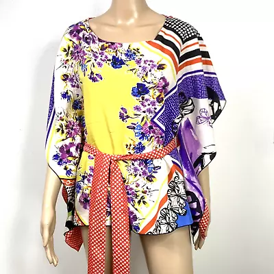 CAbi Top Size Medium Multicolor Front Floral Red Back Kimono Style Belted Silk • $12.78
