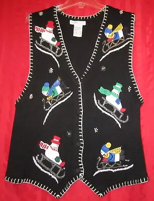 Women's Victoria Jones Button Front Yarn Bead Felt Trim Christmas Vest Black L • $22.99