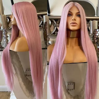 Glueless Lace Front Wigs Long Straight Handtied Pink Heat Resistant Hair • $20.79