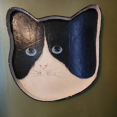 Vtg Black And White Cat Paper Maché Tray Handmade Hand Painted  • $129.99