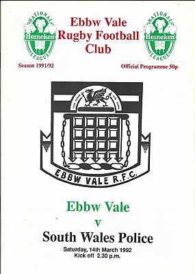 Ebbw Vale v South Wales Police 14 Mar 1992 RUGBY PROGRAMME • £4.99