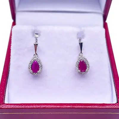 18ct White Gold Natural Red Ruby & Diamond Oval Cluster Earrings 0.53ct • £440