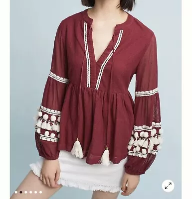 Anthropologie Vineet Bahl Size L Nisha Burgundy Peasant Cotton Top • $39.90