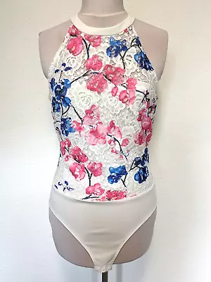 Quiz Lace Bodysuit Halter Neck Sleeveless White & Floral Preloved Size - UK 12 • £6.95