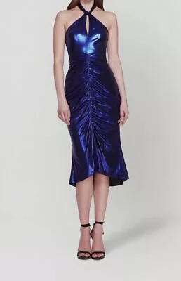 $595 Marchesa Notte Women Blue Ruched Halter Neck Midi A-Line Dress Size 8 • $190.78