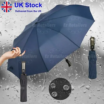 NEW Men & Women 10 Ribs Stormproof Strong Folding Windproof Umbrella - BLUE -UK • £7.09
