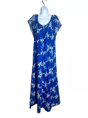 Vintage Hilo Hattie Size XL Hawaiian Dress Blue White MuMu Floral Hawaii Maxi • $45.99