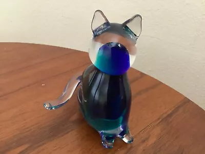Vintage Murano Glass Cobalt Blue And Turquoise Cat 4” • $16