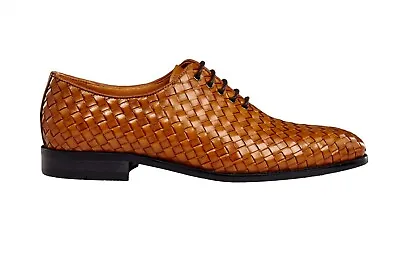 Men’s Hand Crafted Woven Calf Leather Oxfords Classic Basket Weave Lace Up Shoes • £109.99