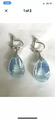 Vintage Japanese Intaglio Blue Moonstone Crystal Pagoda Drop Earrings Sterling • $9.99