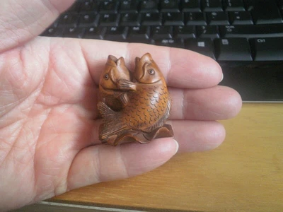 £24.99 • Buy Hand Carved Wood Netsuke Of A Fish Pair On Leaf Collectable Boxwood Figure