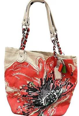 COACH Poppy Tote Shoulder Bag Red White Floral Women Large Canvas Bag Beach Bag • $125