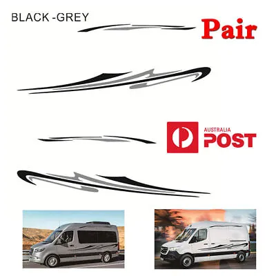 2x Black & Gray Caravan Camper RV Side Body Stickers Long Stripe Graphic Decals • $40.84