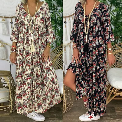 Women's Ladies Loose Plus Size Print Long Sleeve V-neck Long Maxi Dress • $31.76