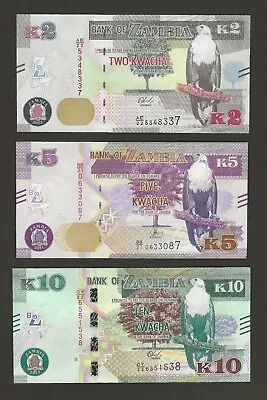 ZAMBIA 2 5 10 Kwacha 2021 + 2022 Pack Fresh UNC New Dates Pretty Banknotes • $3.50