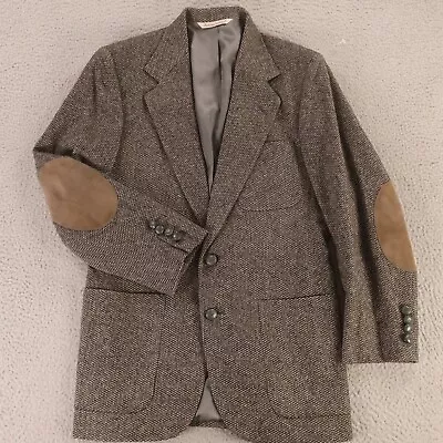 VINTAGE Tweed Jacket S Beige Black Barleycorn Lambs Wool Blazer Elbow Patch 36R • $99.97