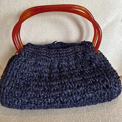 Vintage Morris Moskowitz Handbag Navy Blue Woven Purse With Amber Lucite Handles • $49.99