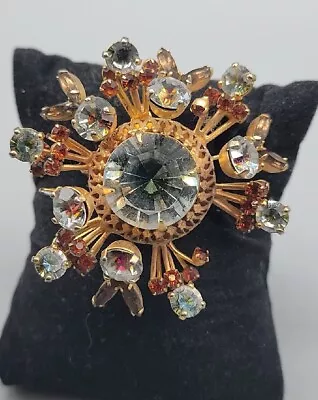 Vintage Vendome Swarovski Crystal Flower Brooch Pin Brown Black Stone Gold Tone  • $72