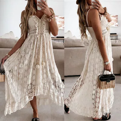 $9.56 • Buy Women's Lace Long Midi Dress Ladies Summer Holiday Boho V Neck Strappy Sundress