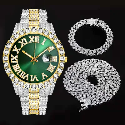 Birthday Gift Iced Out Hip Hop Mens Luxury Diamond Quartz Bling Watch Necklace • £13.67