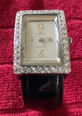 Minicci Quartz Watch Rhinestone Border Black Cuff Excellent Condition #22 • $6