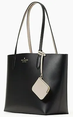 Kate Spade Ava Reversible Black Leather Tote Beige Pouch NWT K6052 $359 Retail • $188.05