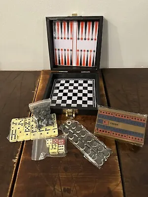 Travel Magnetic Game Set 6 In 1 Chess Backgammon Checkers Dominoes Cribbage Dice • $16