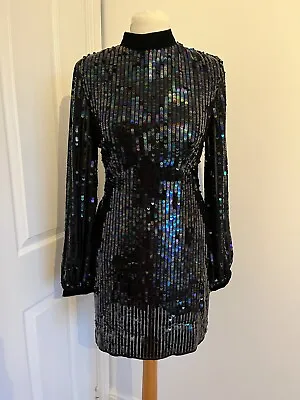 River Island Black Velvet Collar & Tie Back Bow Sequin Midi Dress Size 16 • £24.99